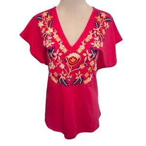 Solitaire Embroidered Tee Womens Small Hot Pink Floral V-Neck Cotton Casual Top